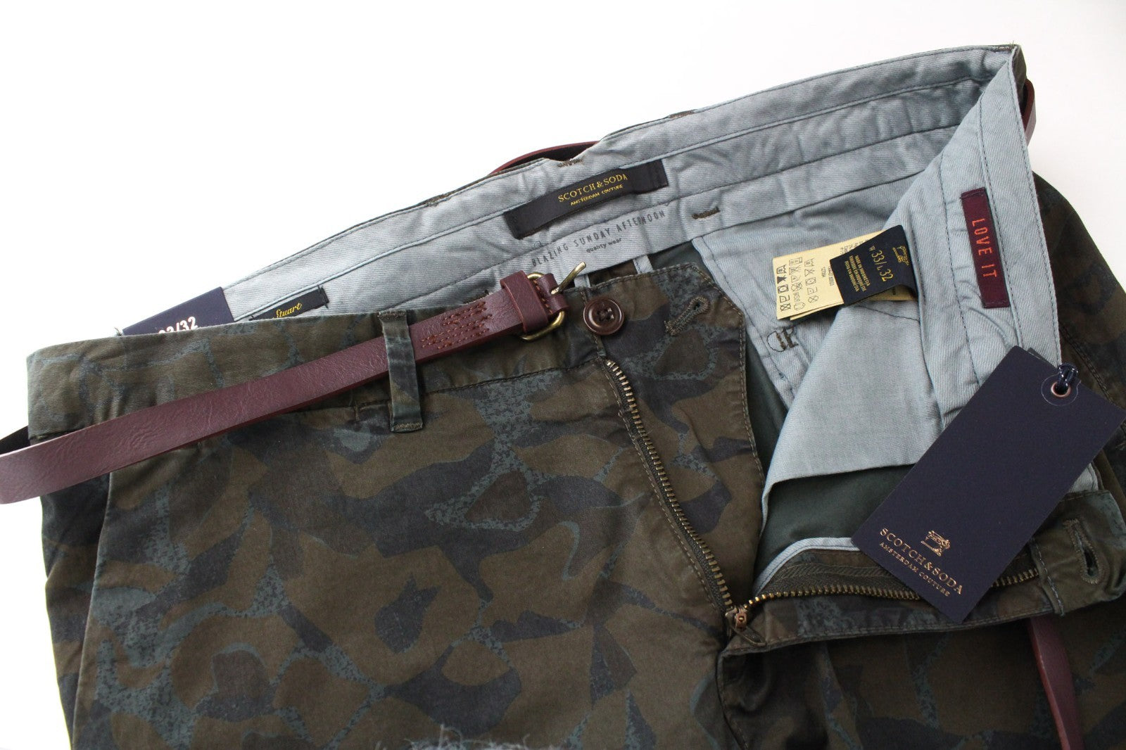 SCOTCH & SODA Stuart Men Trousers W33/L32 Green Slim Chino Camo Garment-Dyed