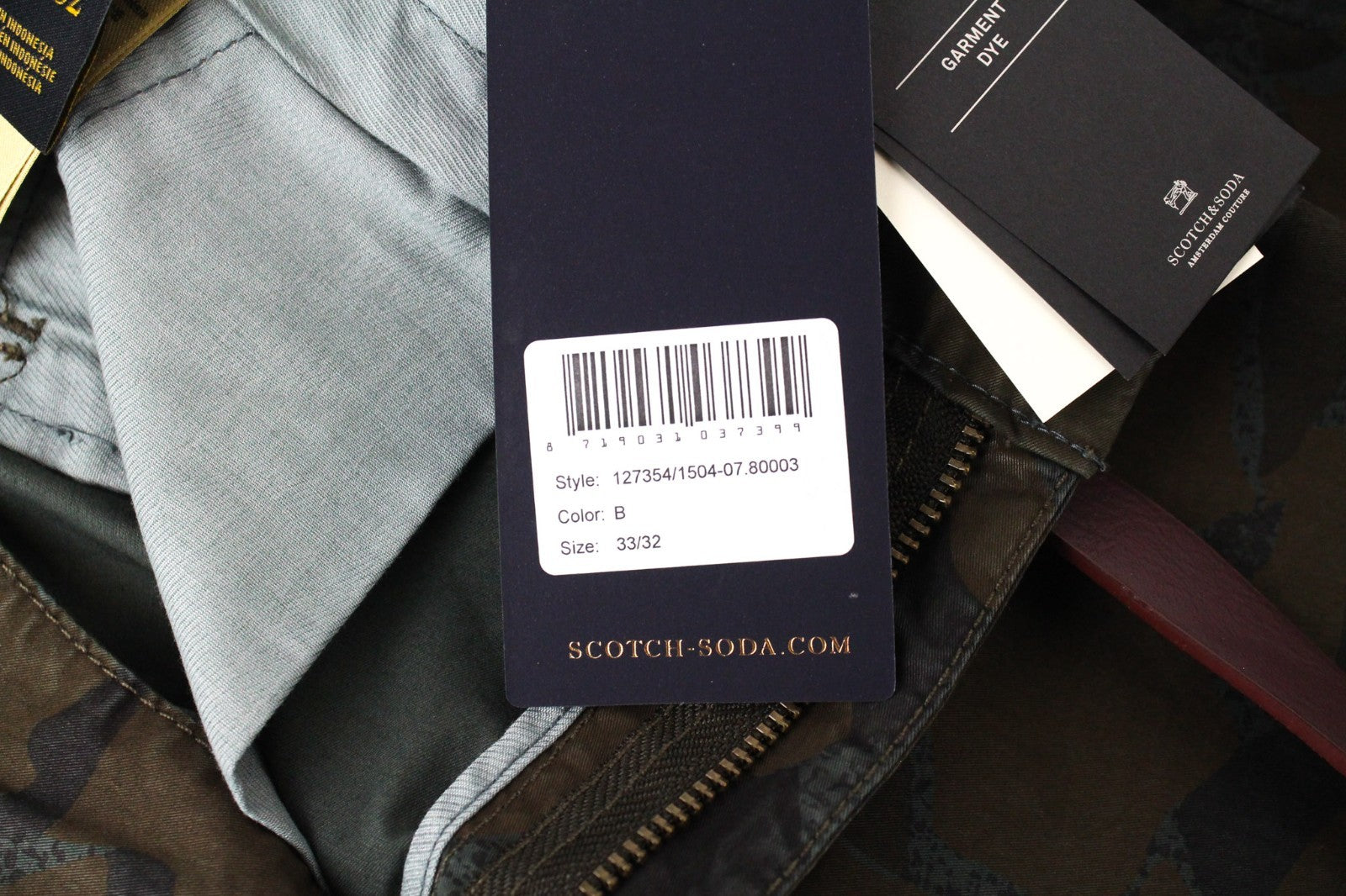 SCOTCH & SODA Stuart Men Trousers W33/L32 Green Slim Chino Camo Garment-Dyed