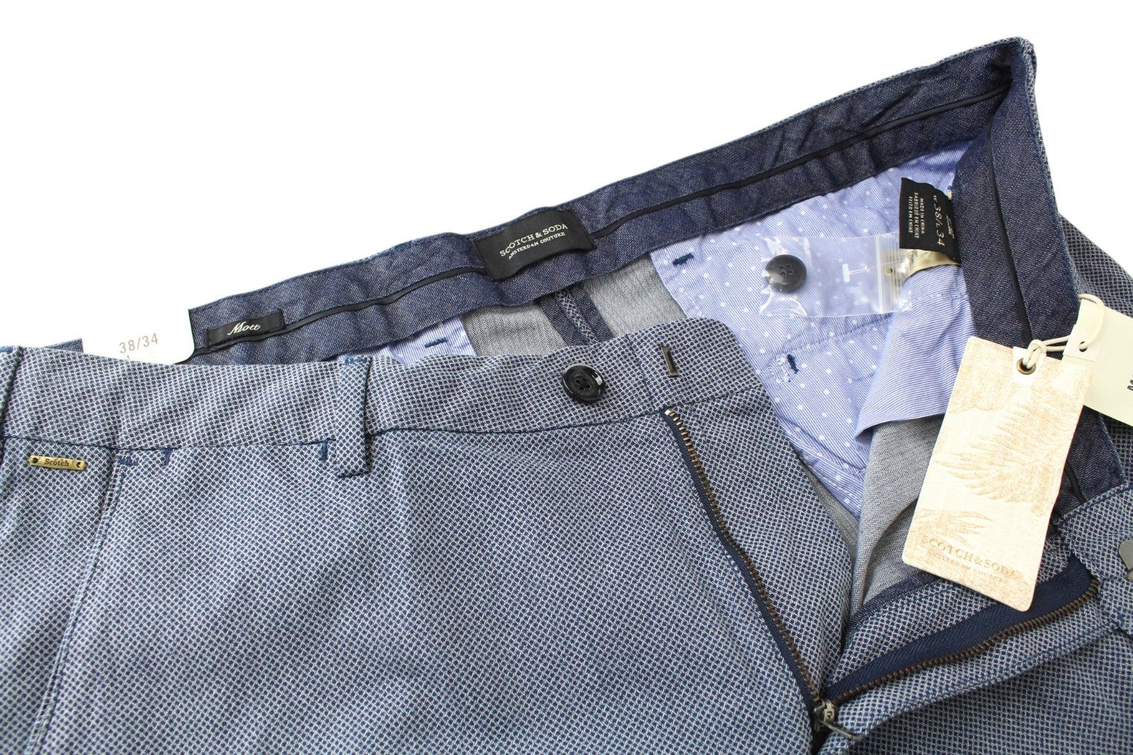 SCOTCH & SODA Mott Men Trousers W38/L34 Blue Super Slim Chino Herringbone Zip