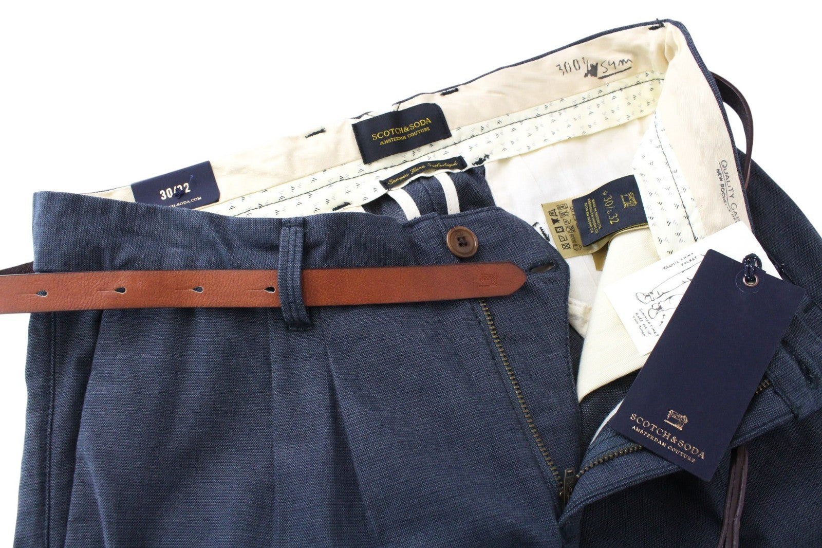 SCOTCH & SODA Stuart Men Trousers W30/L32 Grey Slim Chino Non-Stretch Pleated