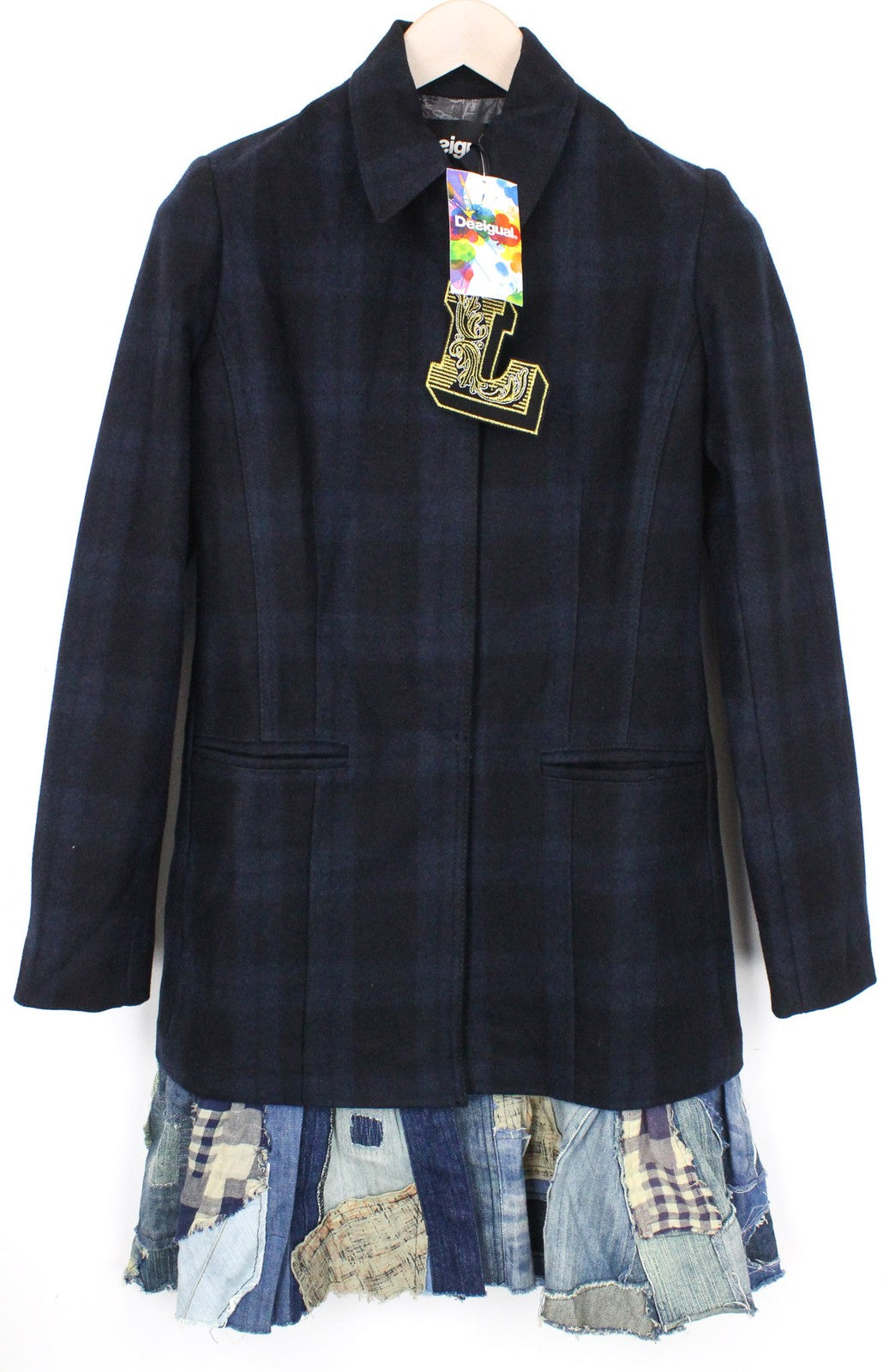 DESIGUAL Snow Robot Women Coat EU36 S Wool Navy Blue Designer Mid-Length Checked
