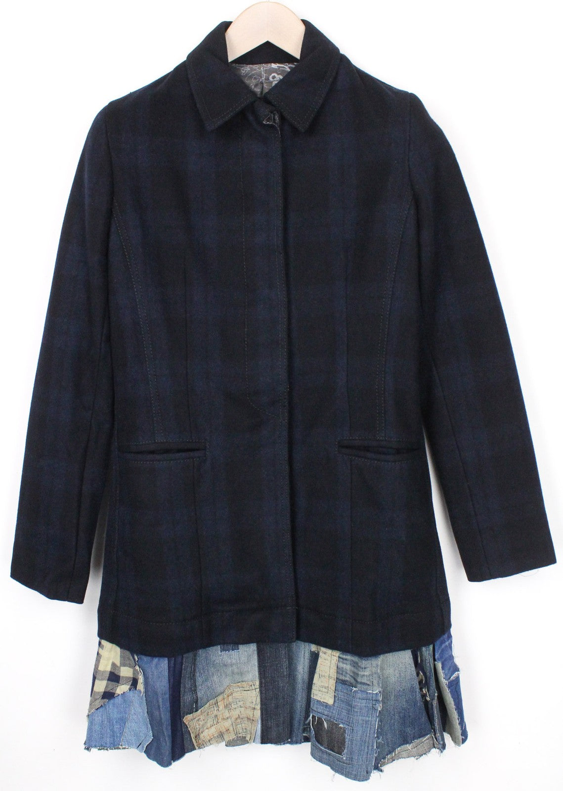 DESIGUAL Snowrobot Women Coat 38 M Dark Blue Checked Lined Cotton Linen Blend
