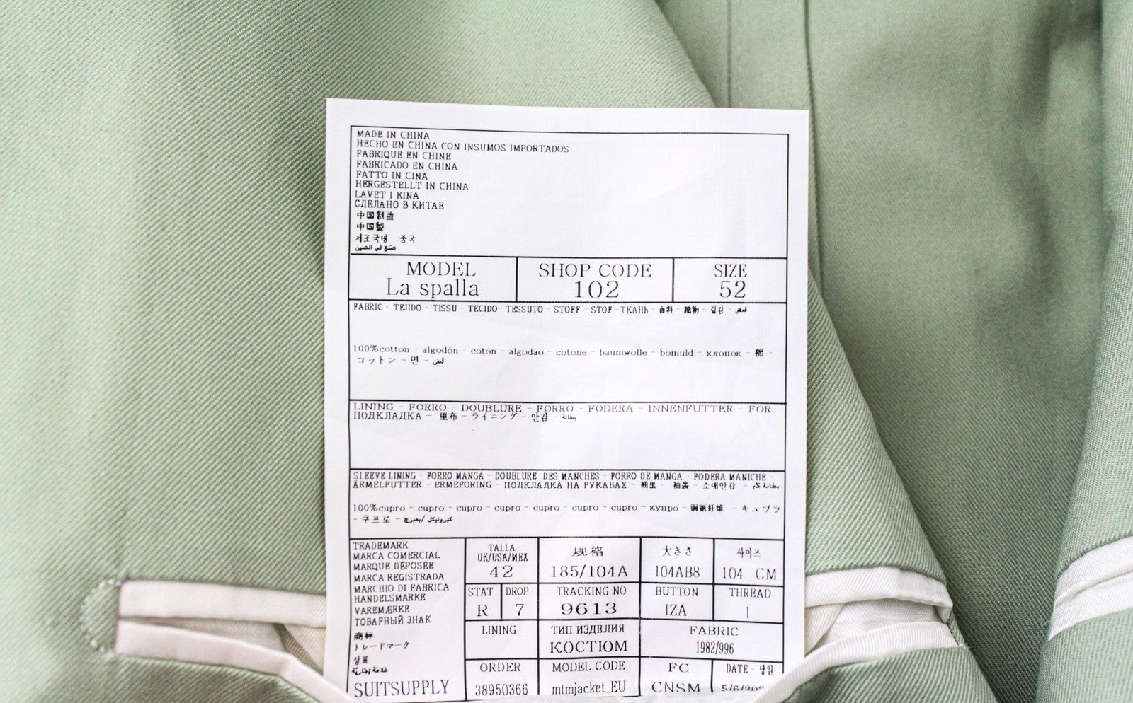 SUITSUPPLY La Spalla Men Blazer UK42R Light Green Cotton Unlined Single-Breasted