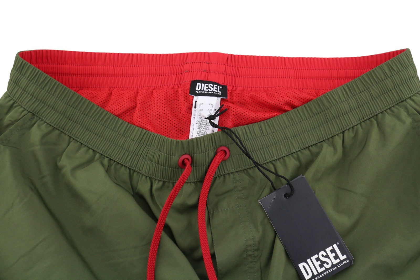 DIESEL BMBX-Mike-Patch Men Swimwear 2XL Khaki Green Mesh Inside Drawstring Waist
