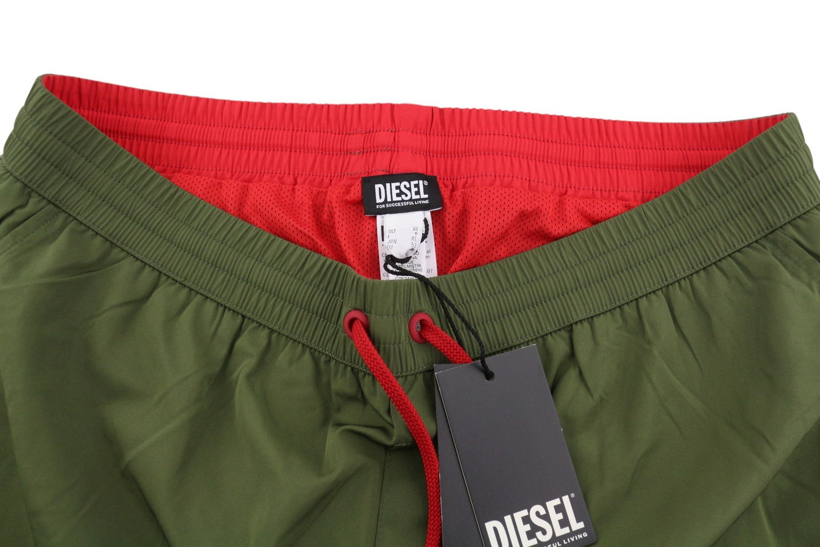 DIESEL BMBX-Mike-Patch Men Swimwear XL Khaki Green Mesh Inside Drawstring Waist