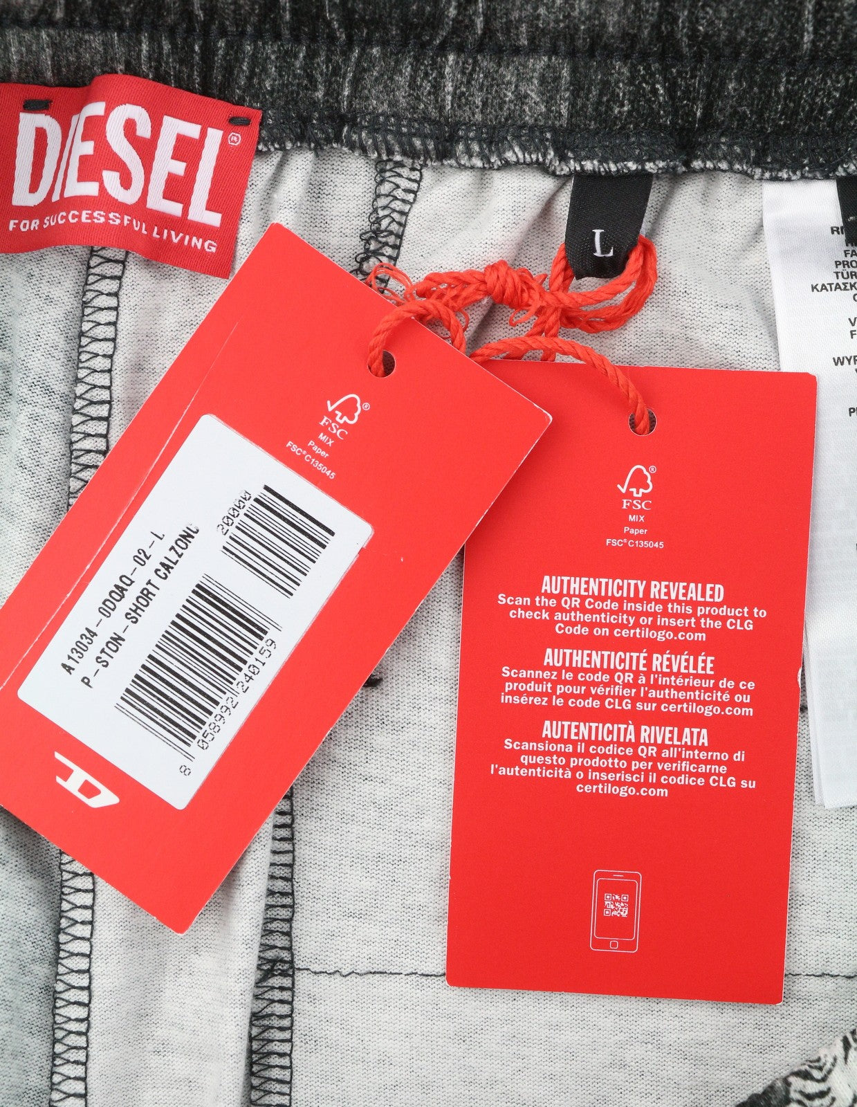 DIESEL P-Ston Men Shorts L Grey Jersey Distress Effect Elastic Waistband RRP225