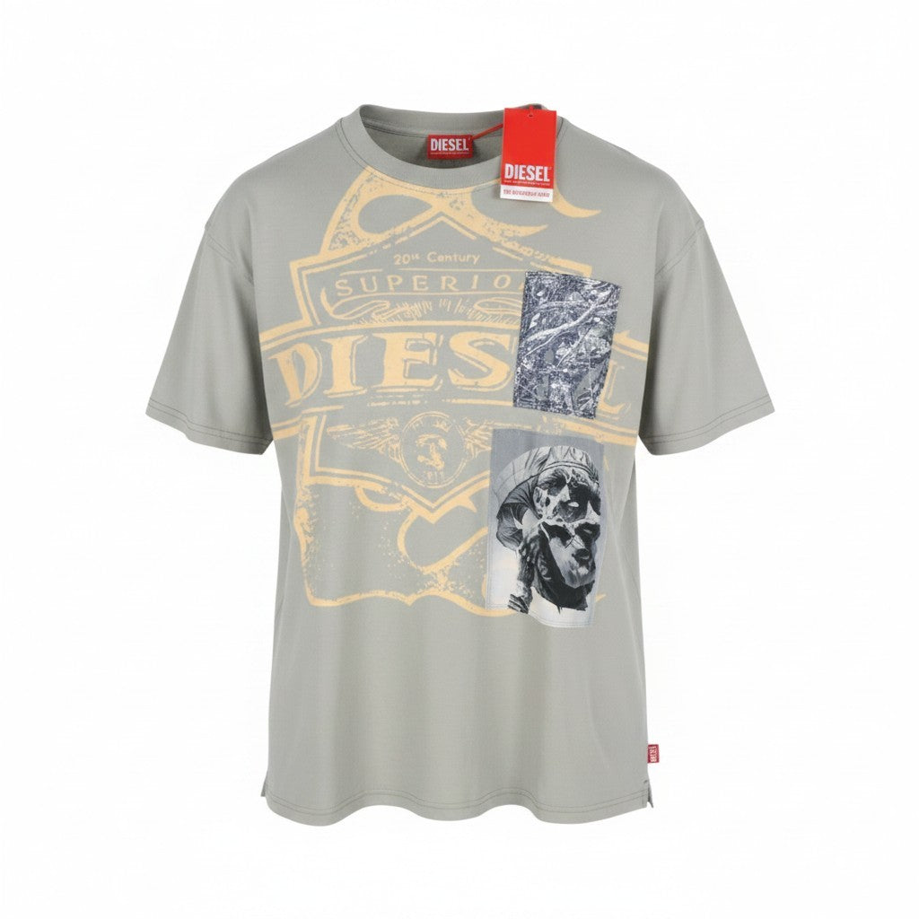 DIESEL T-Boxt-Slits-R8 Men T-Shirt M Grey Patches Oversized Short Sleeve RRP175