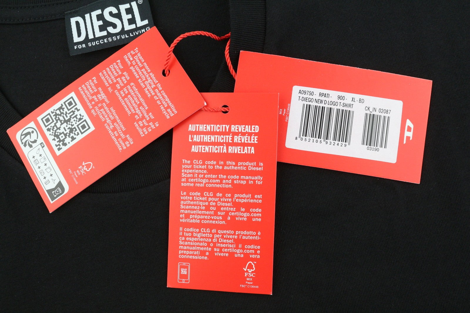 DIESEL T-Diego New D Logo Men T-Shirt XL Black Crew Neck Pull On Short Sleeve