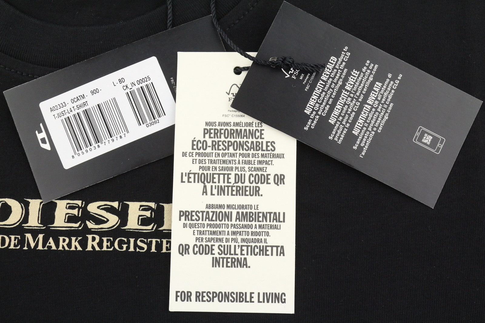 DIESEL T-Just-L4 Men T-Shirt L Black Crew Neck Cotton Pull On Short Sleeve