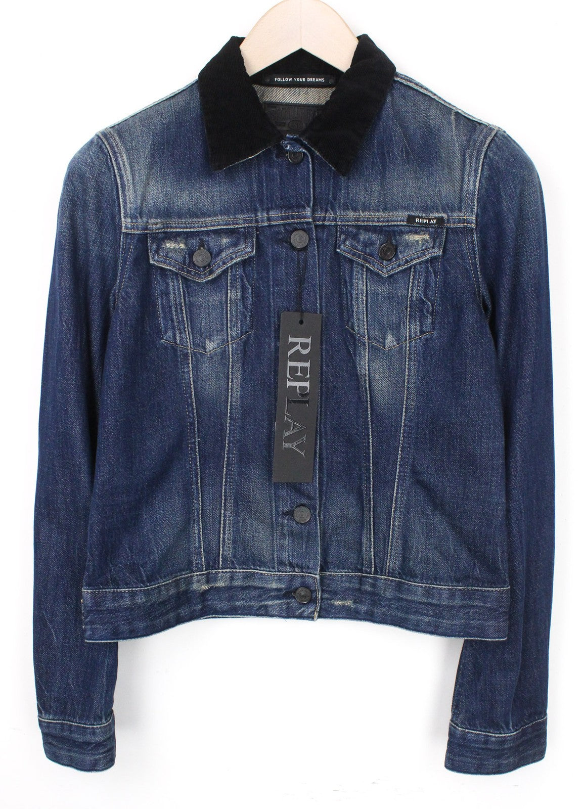 REPLAY Women Jacket S Blue Pure Cotton Denim Washed Collared Long Sleeve Cropped