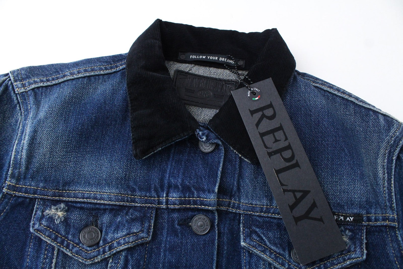 REPLAY Women Jacket S Washed Blue Collared Cotton Long Sleeve Cropped Denim