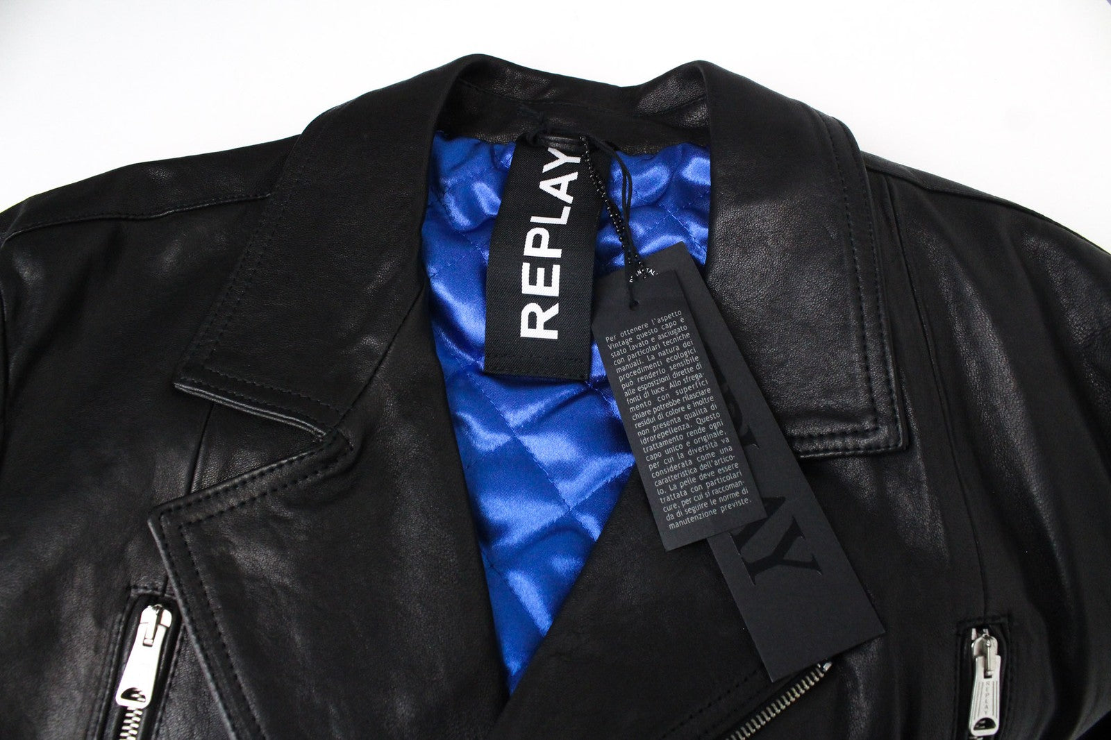 REPLAY Men Jacket XL Black Genuine Lambskin Leather Zipped Single-Breast RRP499