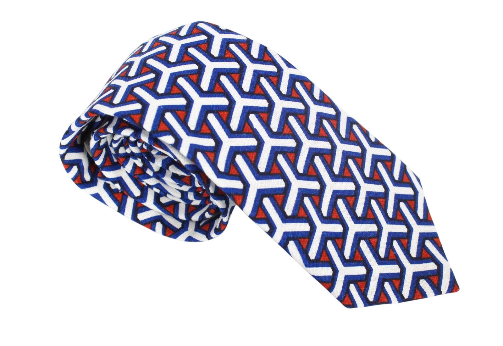 SUITSUPPLY Men Tie 148 x 8 cm Blue White Red Patterned Pointed-End Linen Cotton