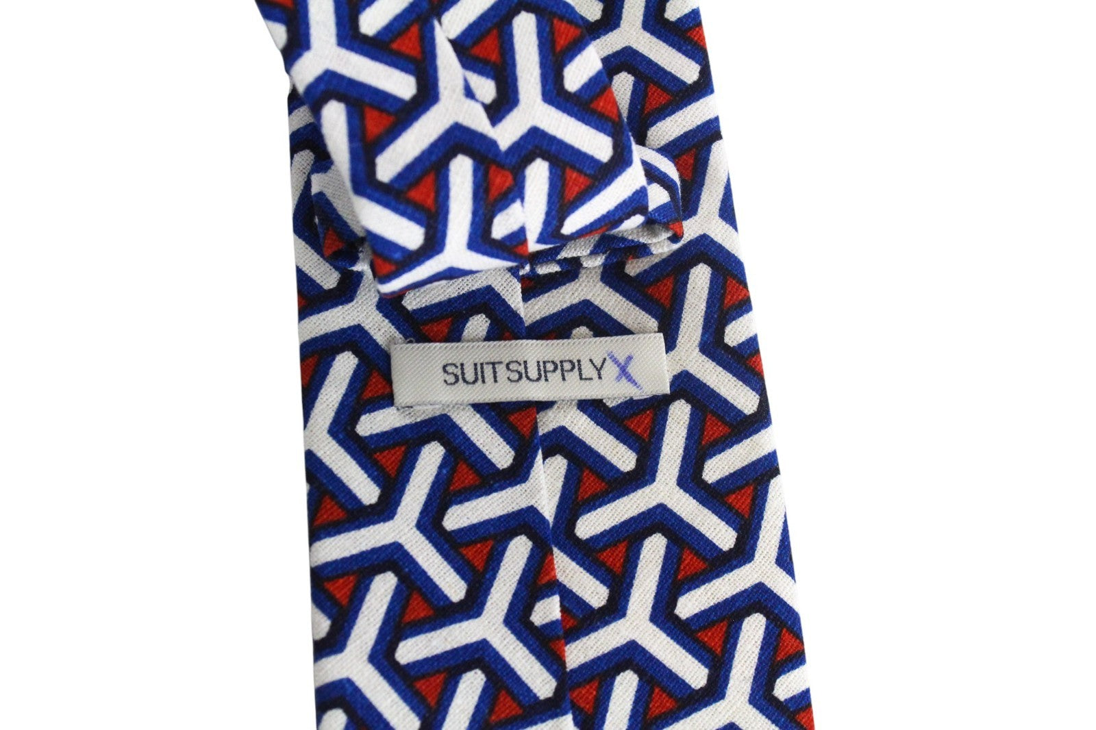 SUITSUPPLY Men Tie 148 x 8 cm Blue White Red Patterned Pointed-End Linen Cotton