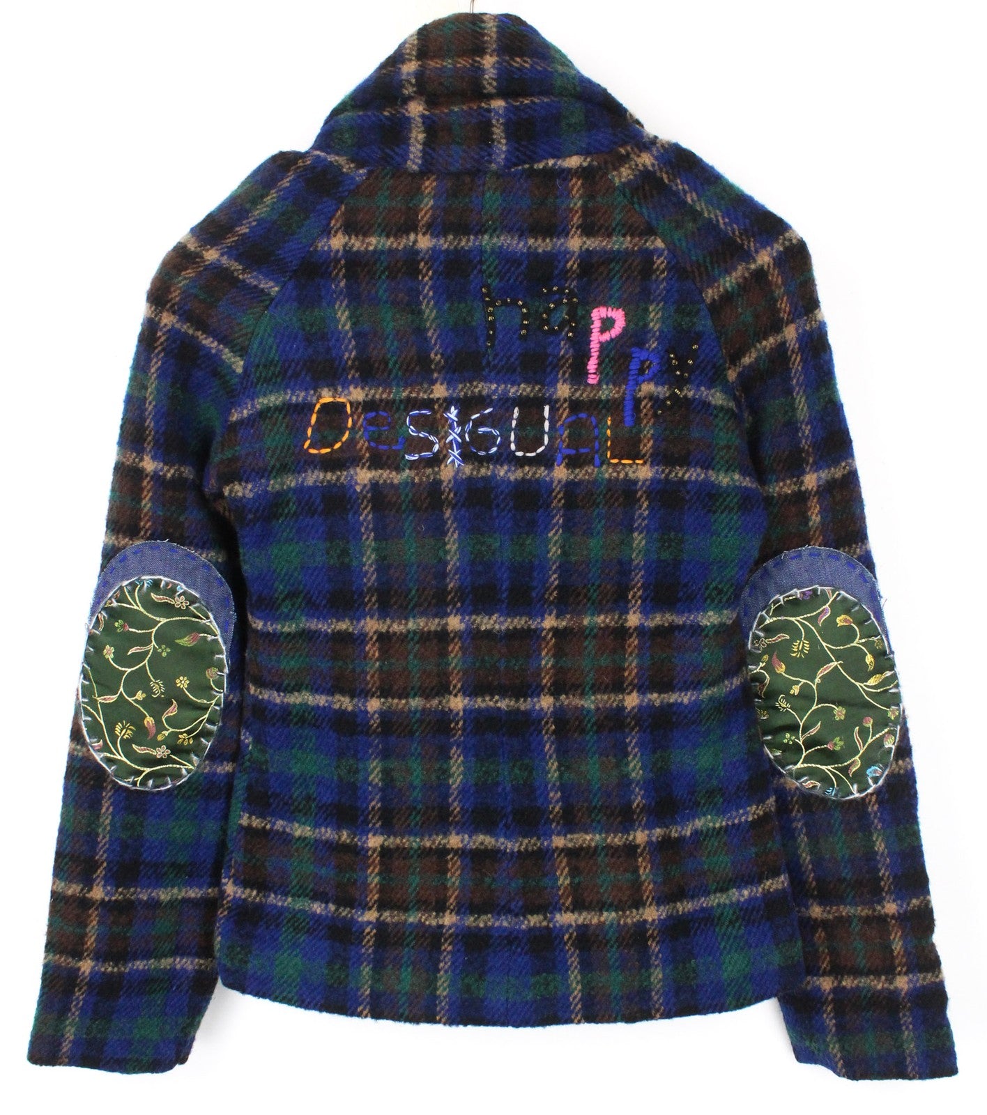 DESIGUAL Mula Women Coat EU38 Blue Check Embroidered Wool Blend Designer Logo
