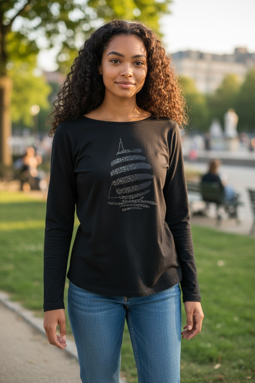 MARINA YACHTING Men T-Shirt L Pull On Jersey Crew Neck Rhinestones Logo Black