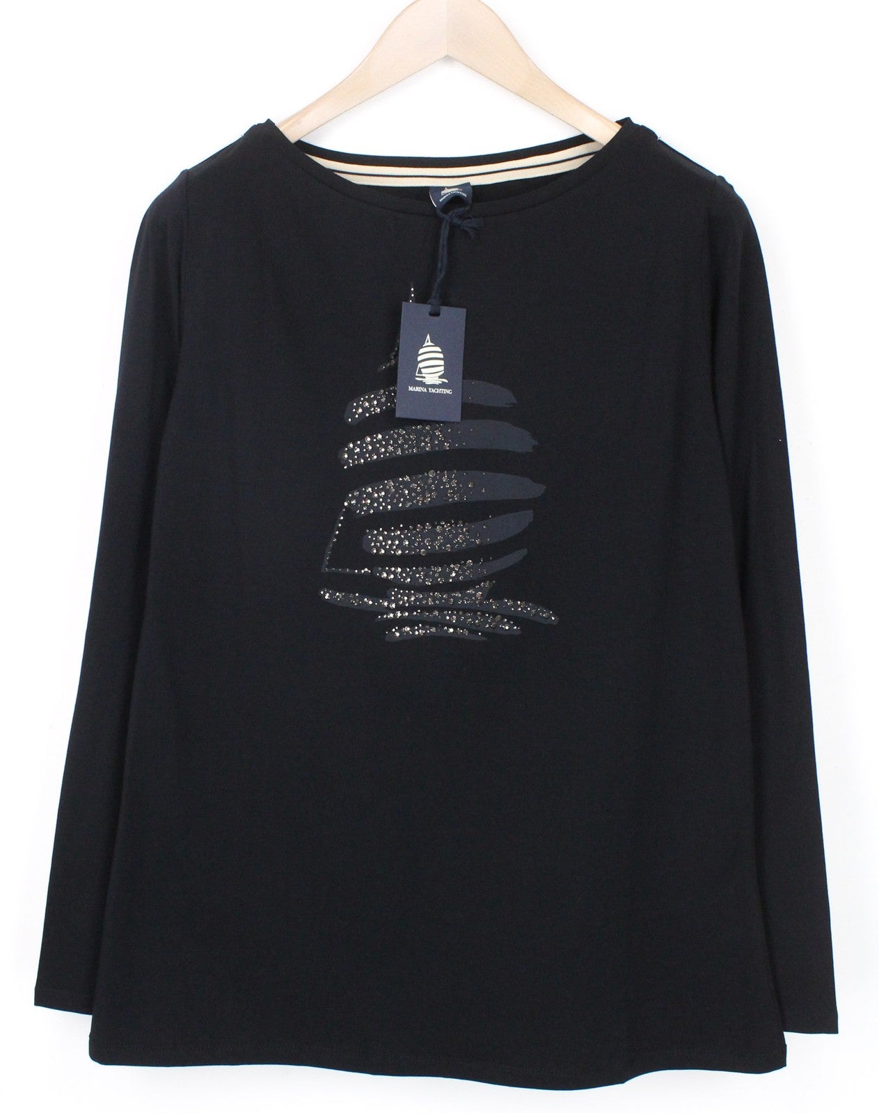 MARINA YACHTING Men T-Shirt L Pull On Jersey Crew Neck Rhinestones Logo Black