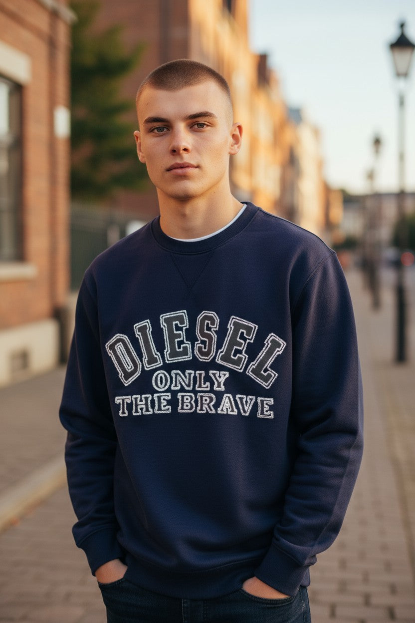 DIESEL S-Joe-B Felpa Men Sweatshirt M Blue Crew Neck Embroidered Logo Fleece