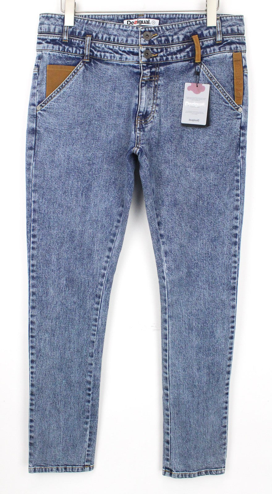 DESIGUAL Coll_Rep Men Jeans W34 Mid Blue Leather-Patch Zip-Fly Stretch Classic