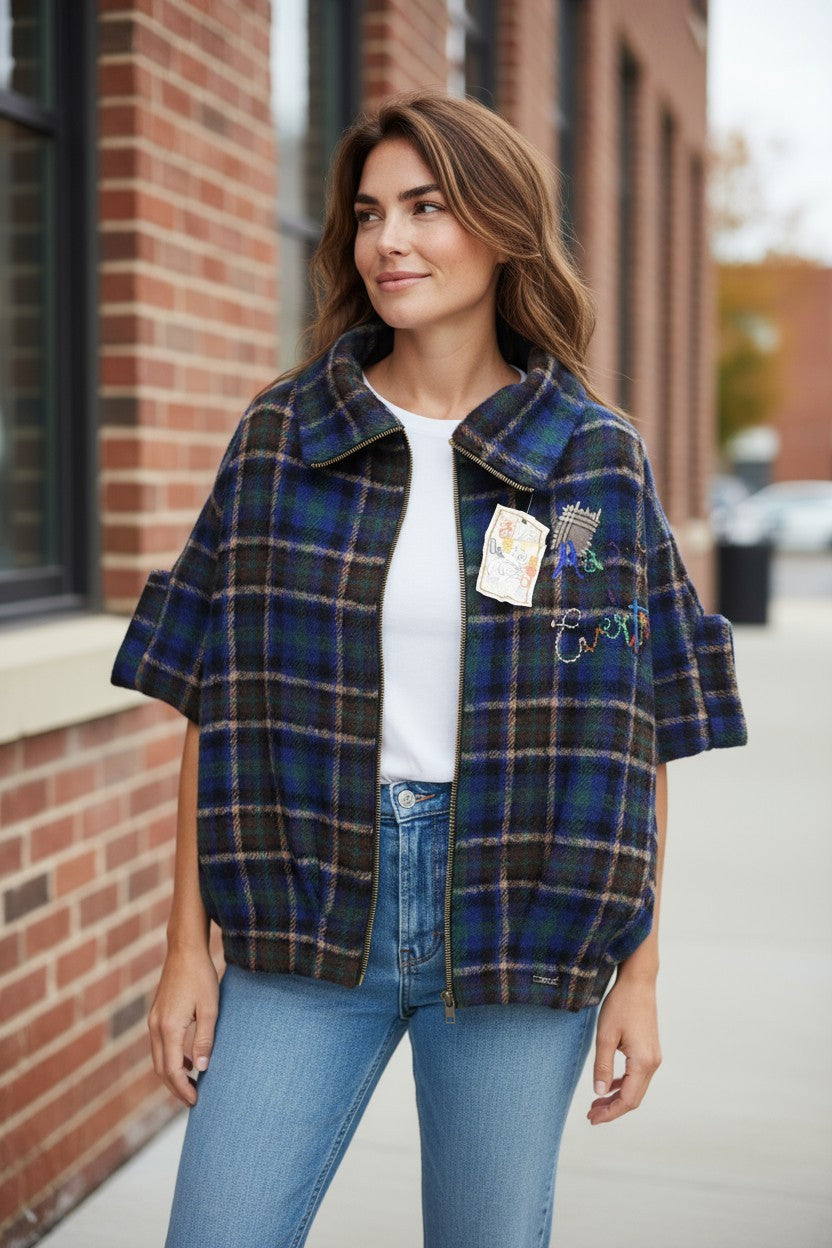 DESIGUAL Women Coat EU44 Blue Tartan Check Oversize Kimono Sleeve Wool Blend