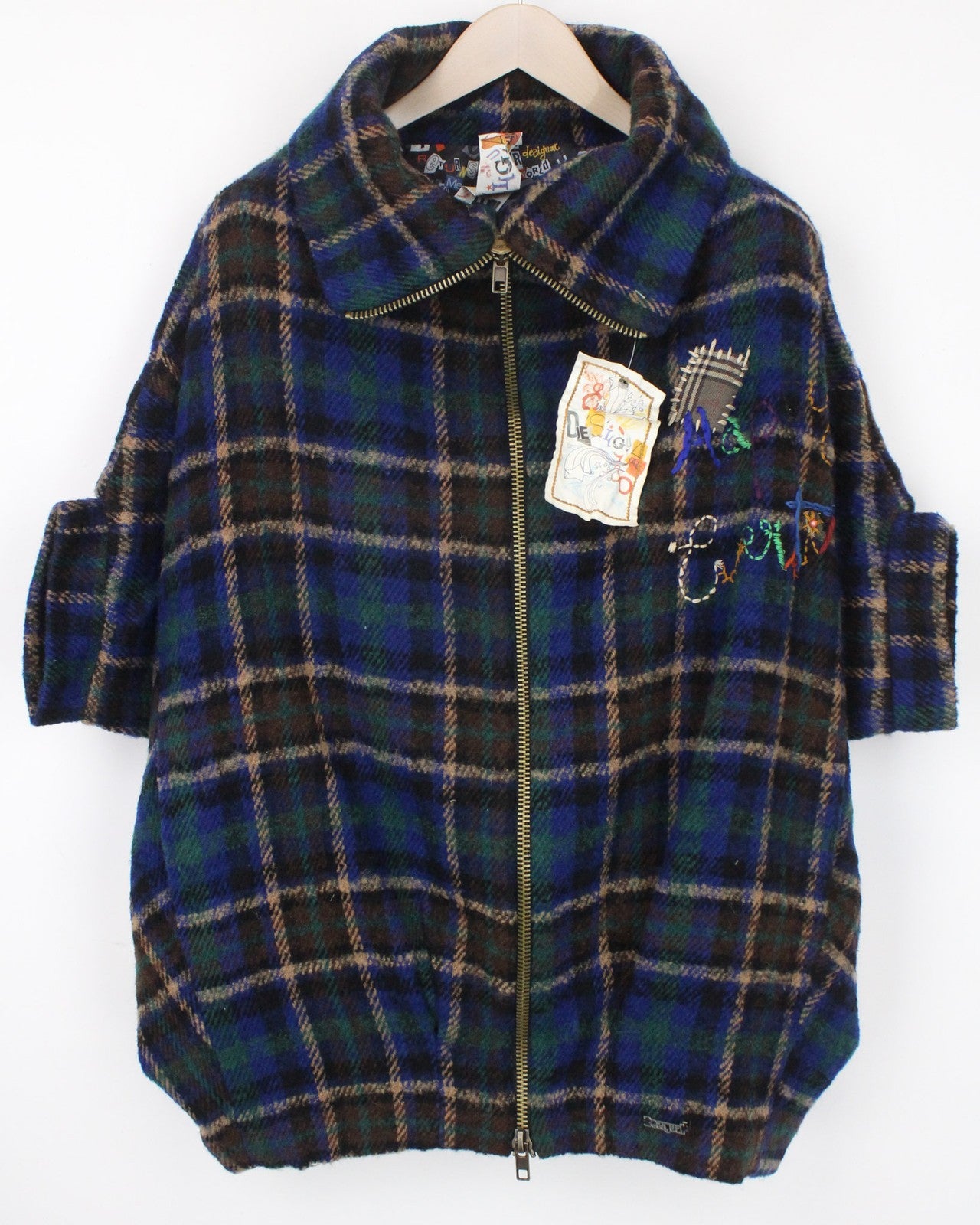DESIGUAL Women Coat EU44 Blue Tartan Check Oversize Kimono Sleeve Wool Blend