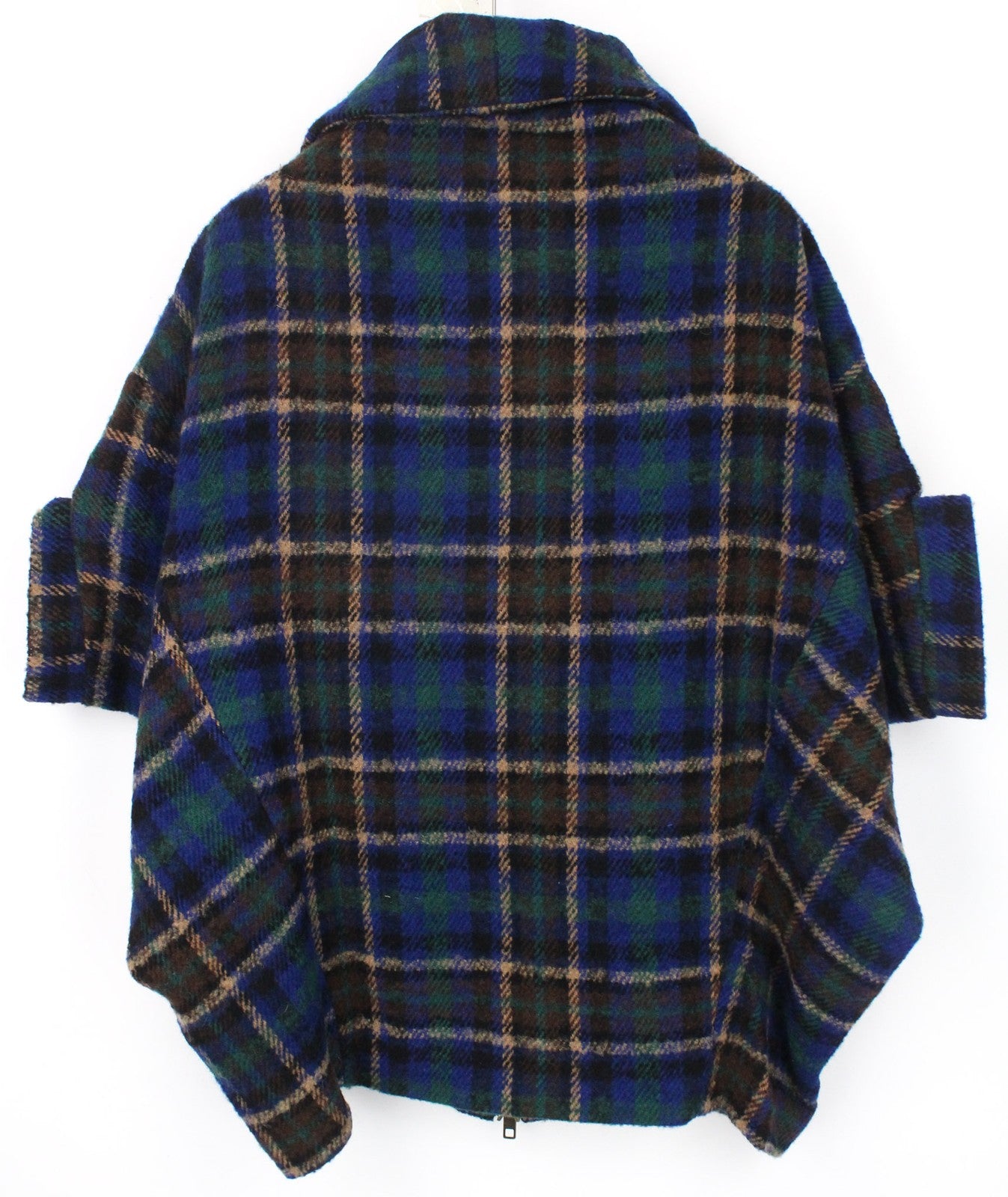 DESIGUAL Women Coat EU44 Blue Tartan Check Oversize Kimono Sleeve Wool Blend