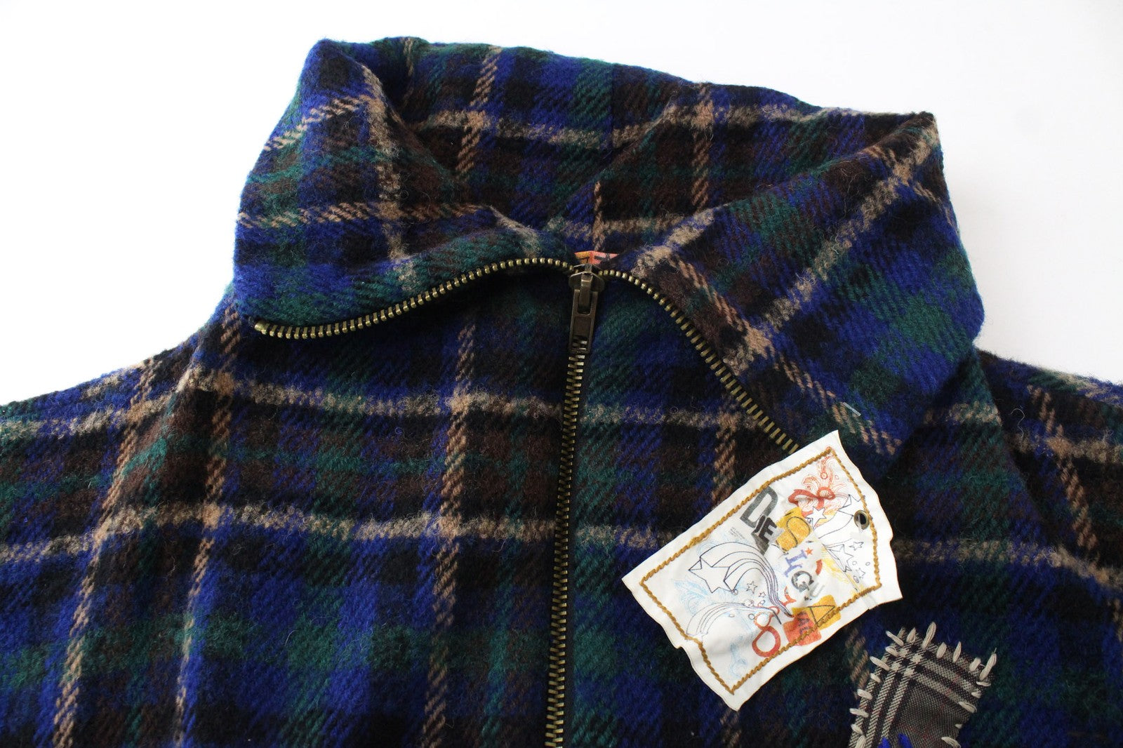 DESIGUAL Women Coat EU44 Blue Tartan Check Oversize Kimono Sleeve Wool Blend