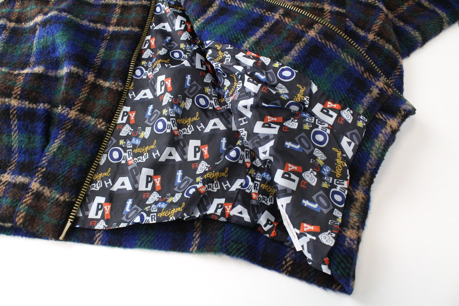DESIGUAL Women Coat EU44 Blue Tartan Check Oversize Kimono Sleeve Wool Blend