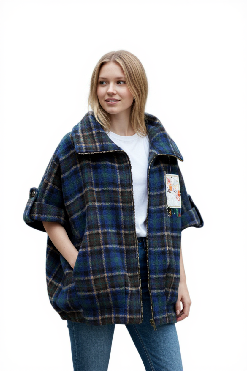 DESIGUAL Women Coat EU40 Wool Mix Blue Tartan Check Oversize Kimono Embroidery