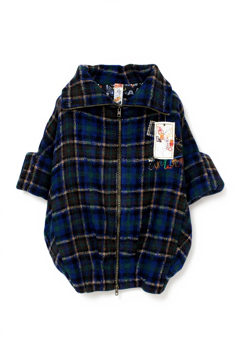 DESIGUAL Women Coat EU40 Wool Mix Blue Tartan Check Oversize Kimono Embroidery