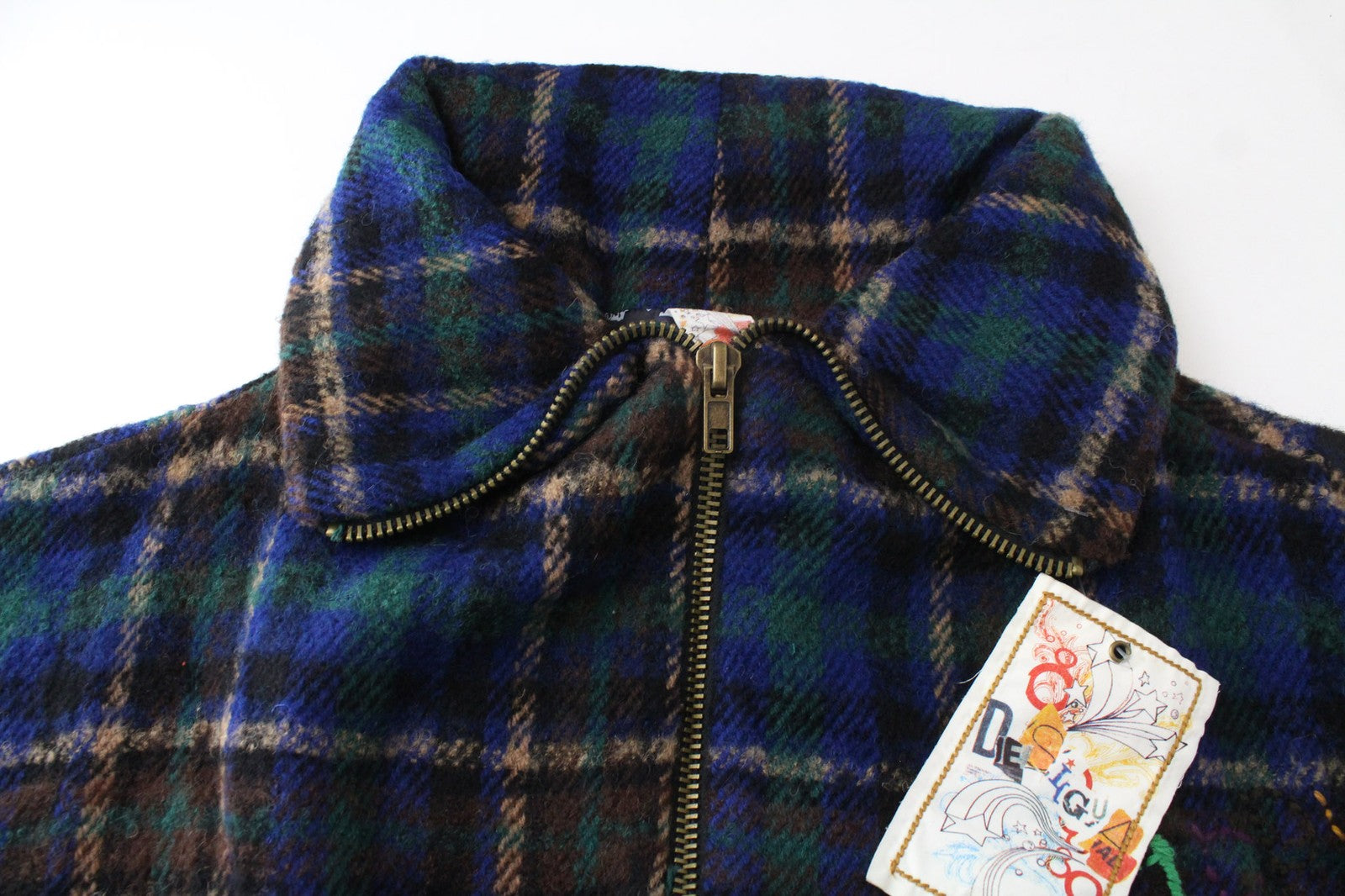 DESIGUAL Women Coat EU42 Blue Tartan Check Oversize Wool Kimono Embroidery