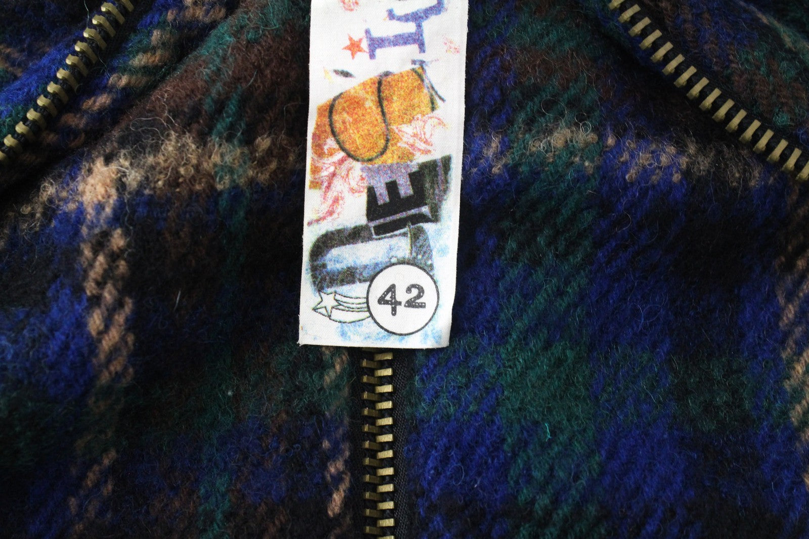DESIGUAL Women Coat EU42 Blue Tartan Check Oversize Wool Kimono Embroidery