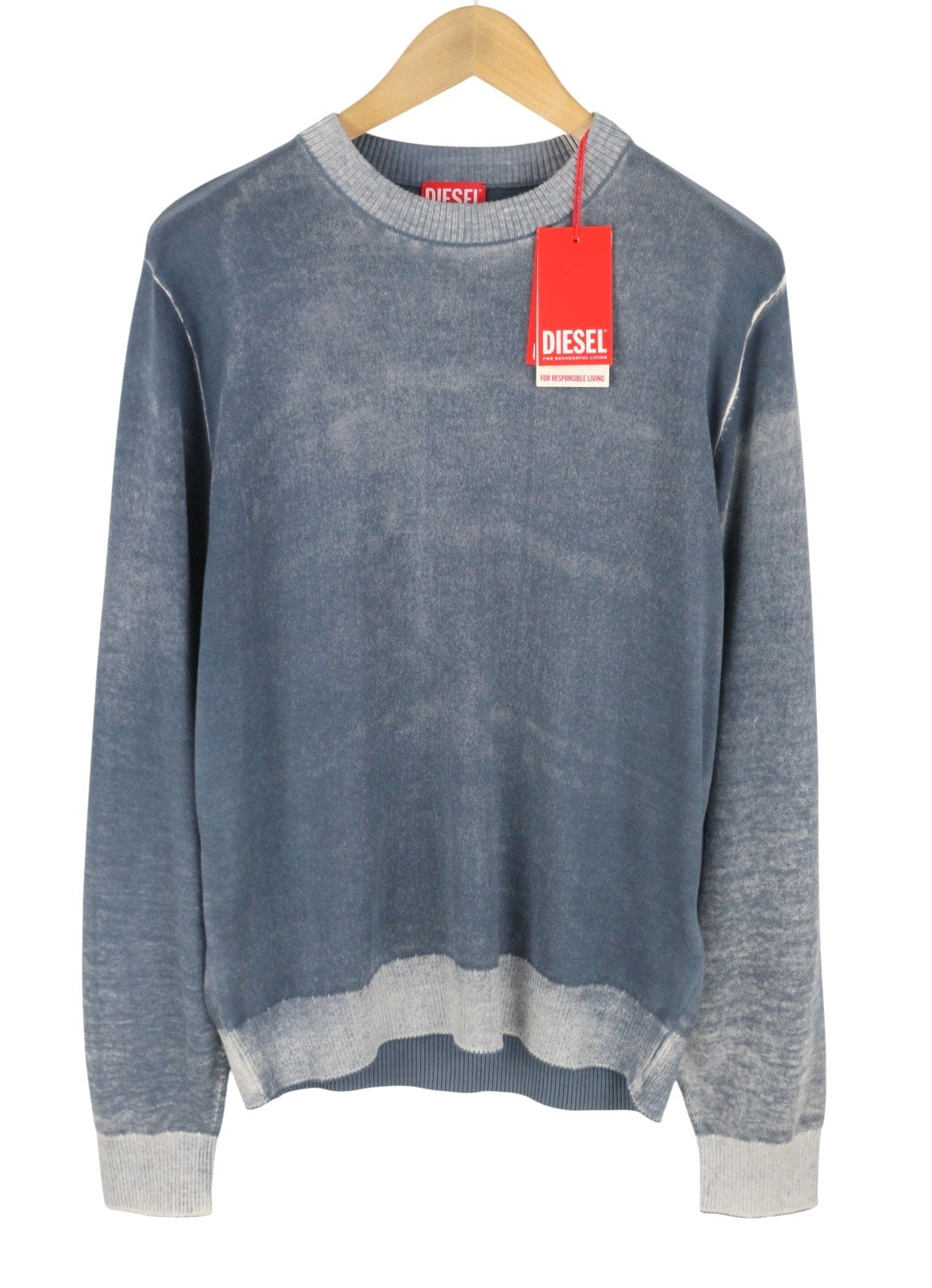 DIESEL K-Larence-B Men Jumper L Blue Faded Cotton Knitted Pull On RRP225
