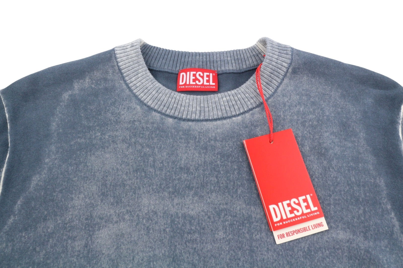 DIESEL K-Larence-B Men Jumper L Blue Faded Cotton Knitted Pull On RRP225