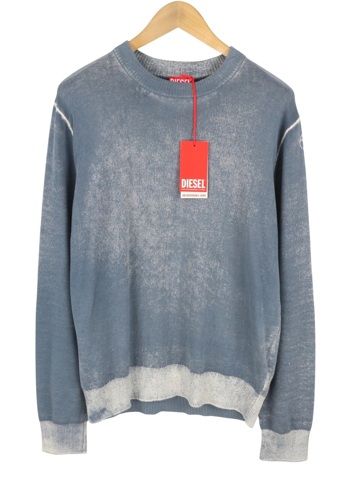 DIESEL K-Larence-B Men Jumper L Blue Faded Cotton Knit Pull On RRP225