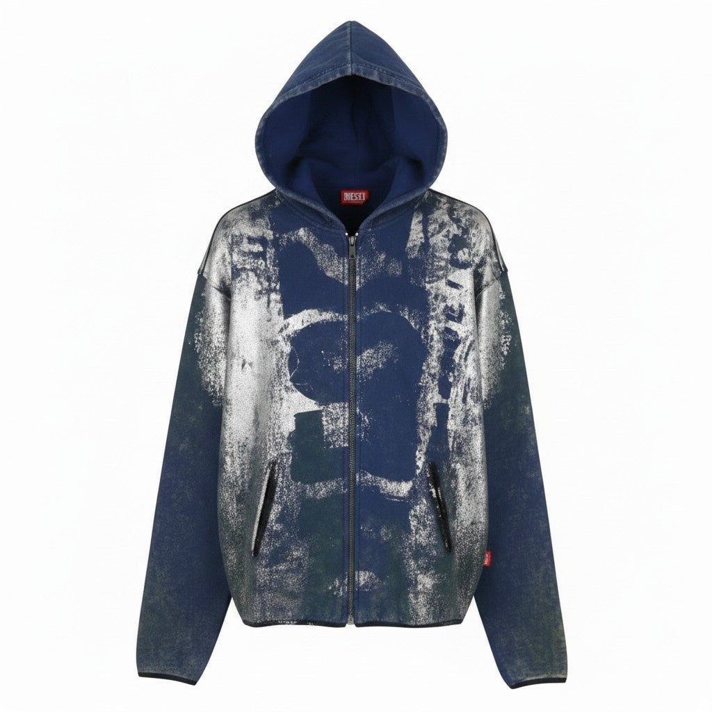 DIESEL S-Loxty-Zip Men Hoodie M Blue All-Over Graphic Print Full Zip RRP350