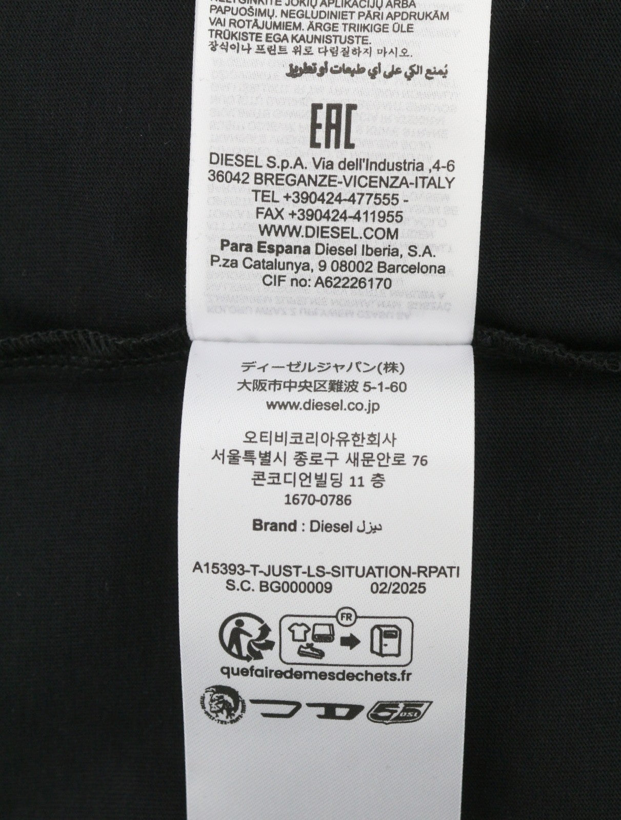 DIESEL T-Just-LS-Situation Men T-Shirt 3XL Black Cotton Crew Neck Long Sleeve