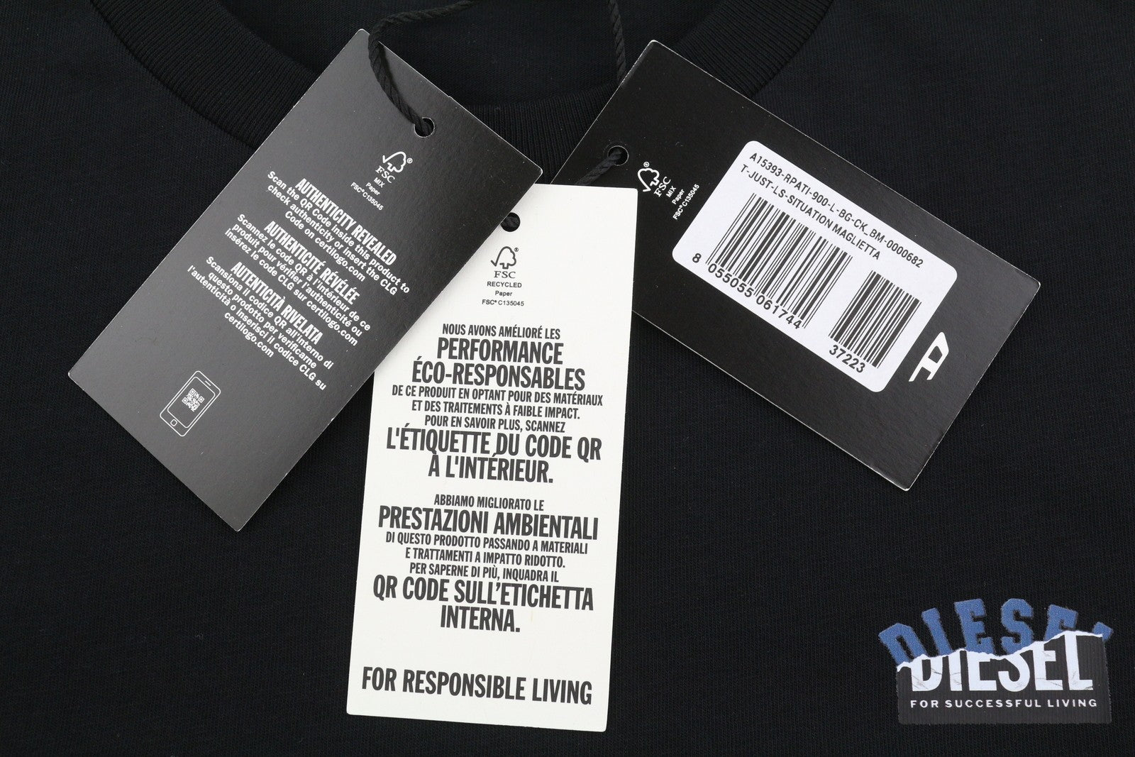 DIESEL T-Just-LS-Situation Men T-Shirt L Black Cotton Crew Neck Long Sleeve