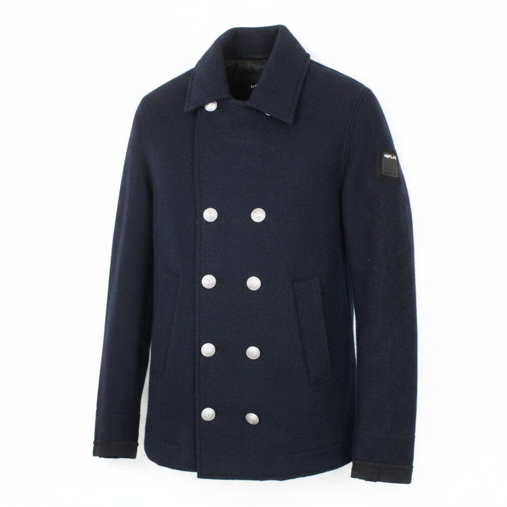 REPLAY Men Jacket XL Navy Blue Wool Blend Double-Breasted Lined Casual Logo