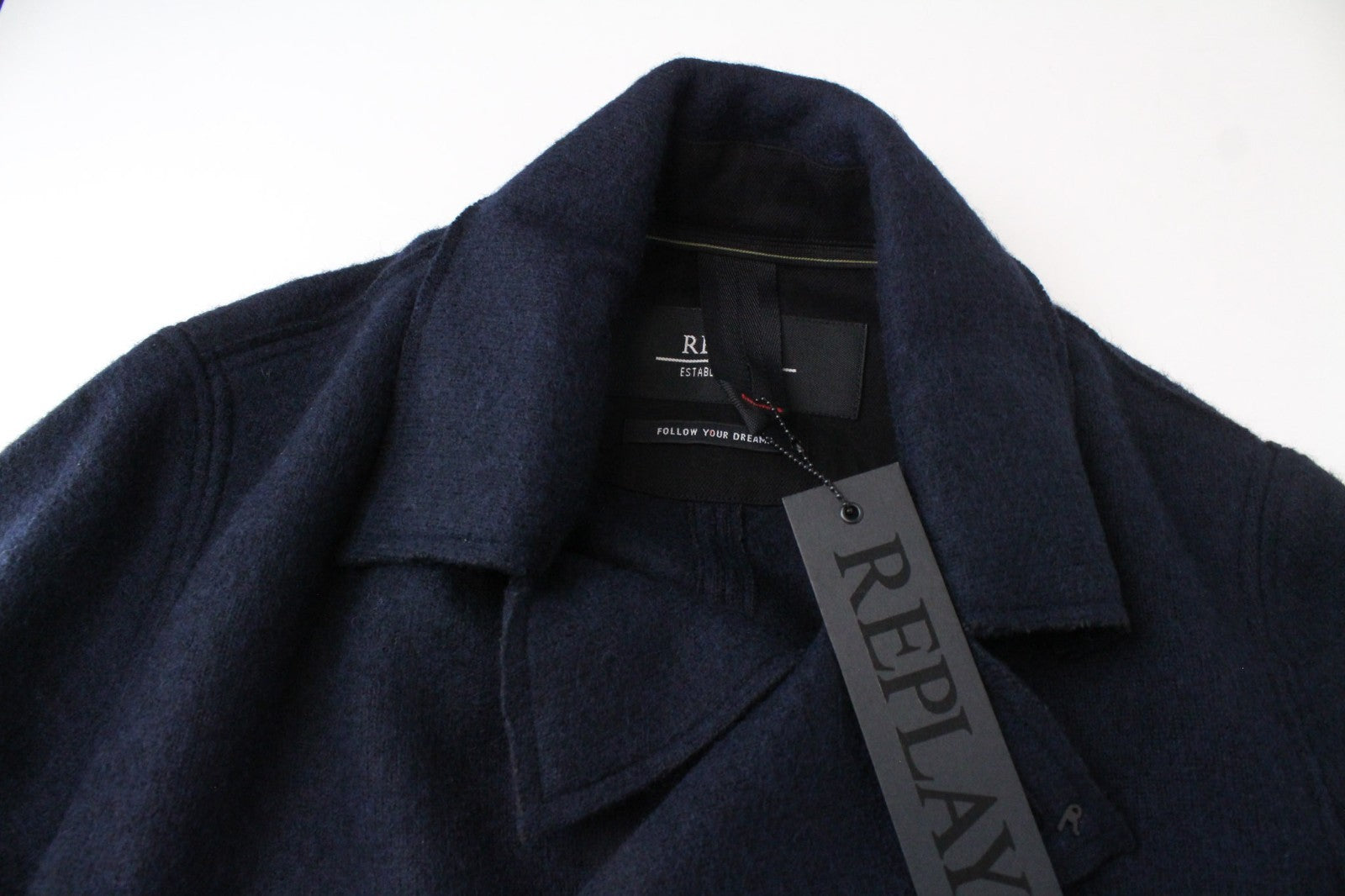 REPLAY Men Jacket L Navy Blue Wool Blend Double-Breasted Lined Casual