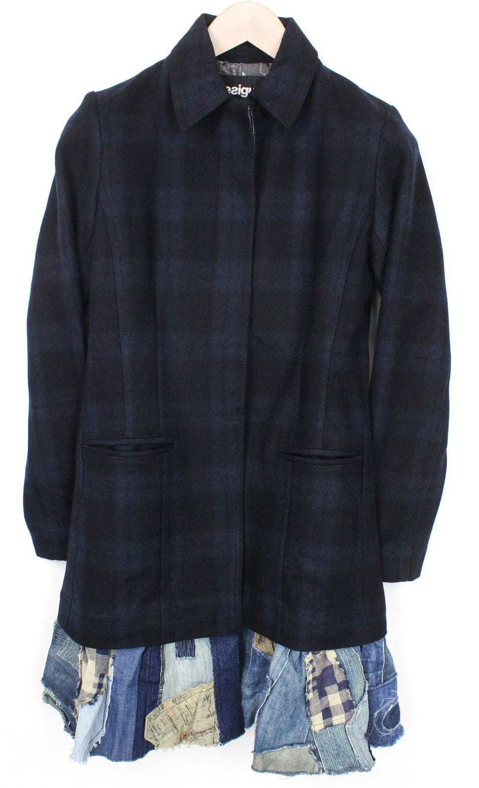 DESIGUAL Snowrobot Women Jacket 36 S Blue Check Wool Cotton Blend Single-Breast