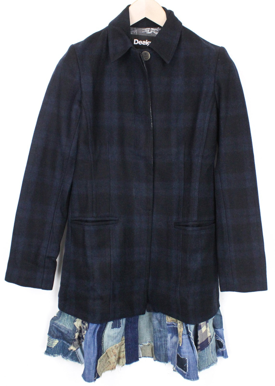 DESIGUAL Snowrobot Women Jacket 36 S Blue Check Patterns Wool Cotton Blend