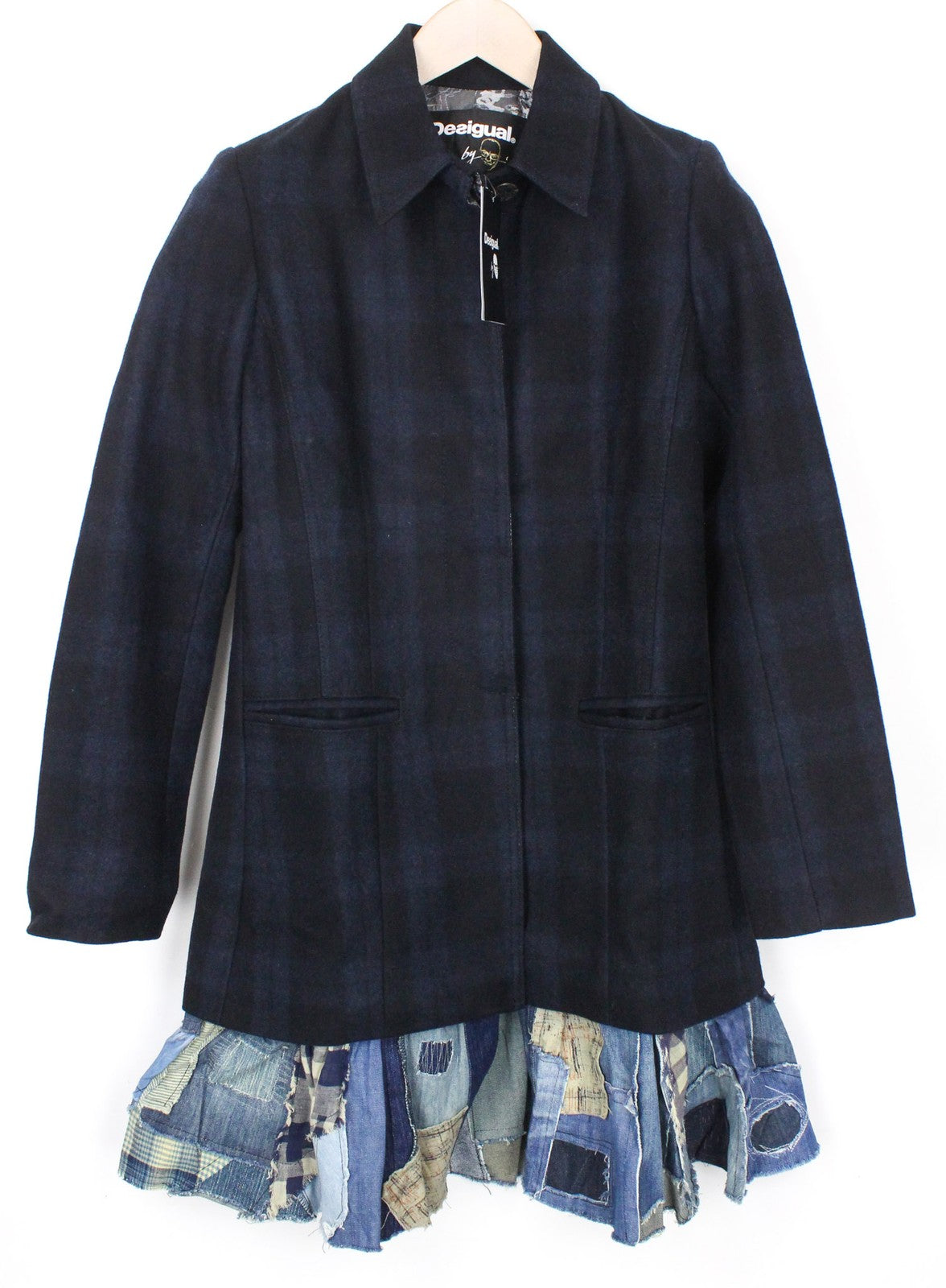 DESIGUAL Snowrobot Women Coat 38 M Blue Wool Cotton Blend Checked Long Sleeved
