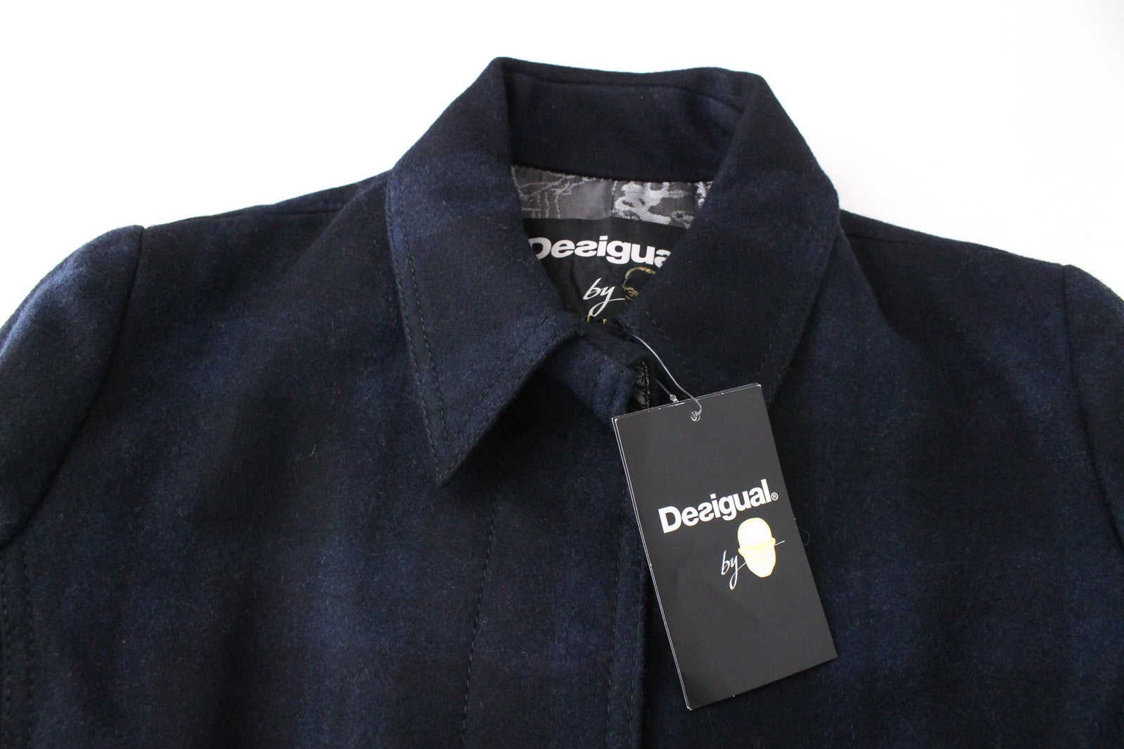DESIGUAL Snowrobot Women Coat 38 M Blue Wool Cotton Blend Checked Long Sleeved