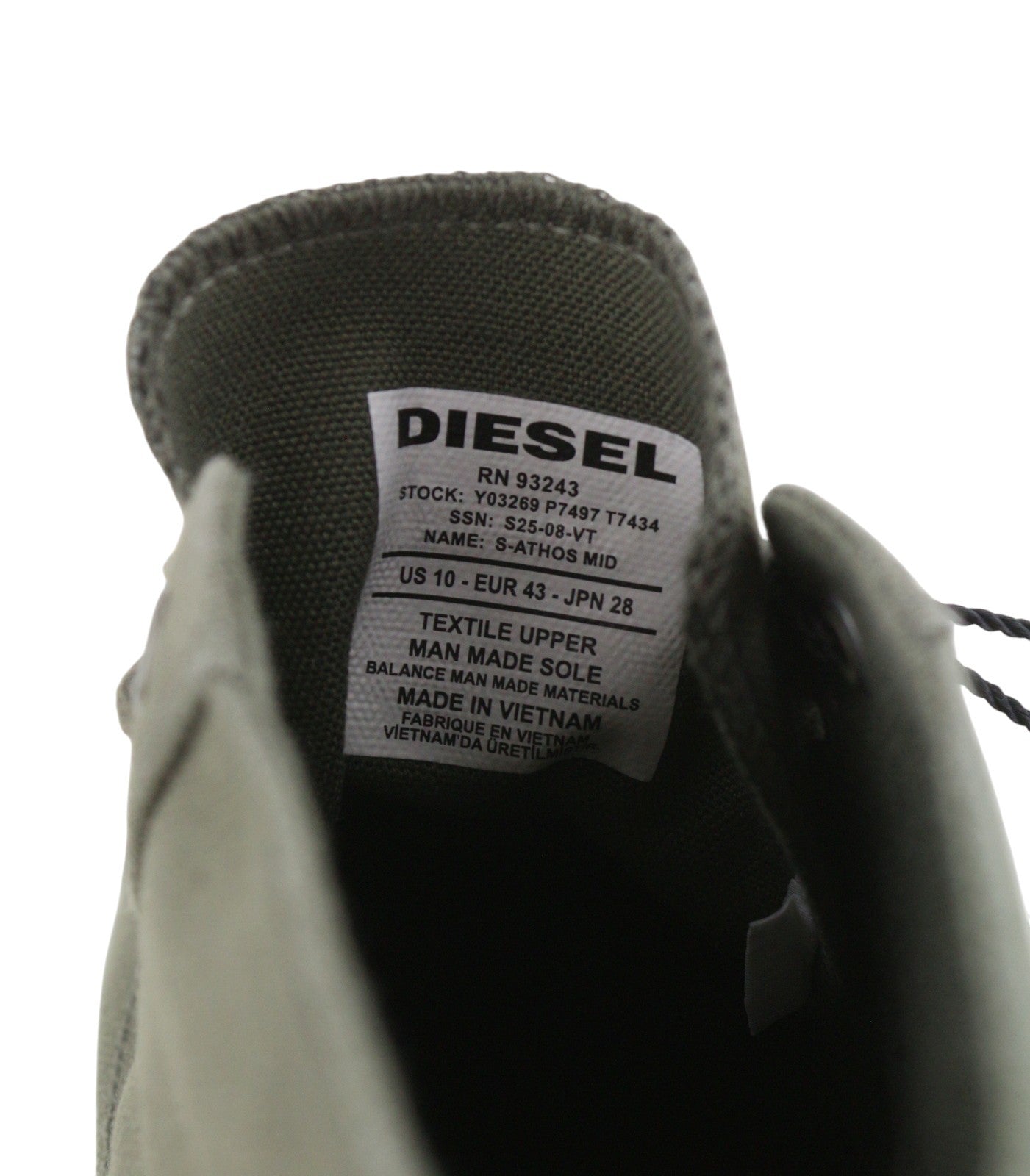 DIESEL S-Athos Mid Men Sneakers EU43 Olive Nigh Canvas Almond Toe Laced RRP150