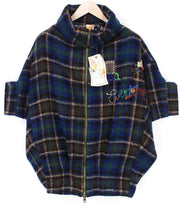 DESIGUAL Women Jacket 36 S Blue Wool Blend Checked Zipped Short Sleeve Lined