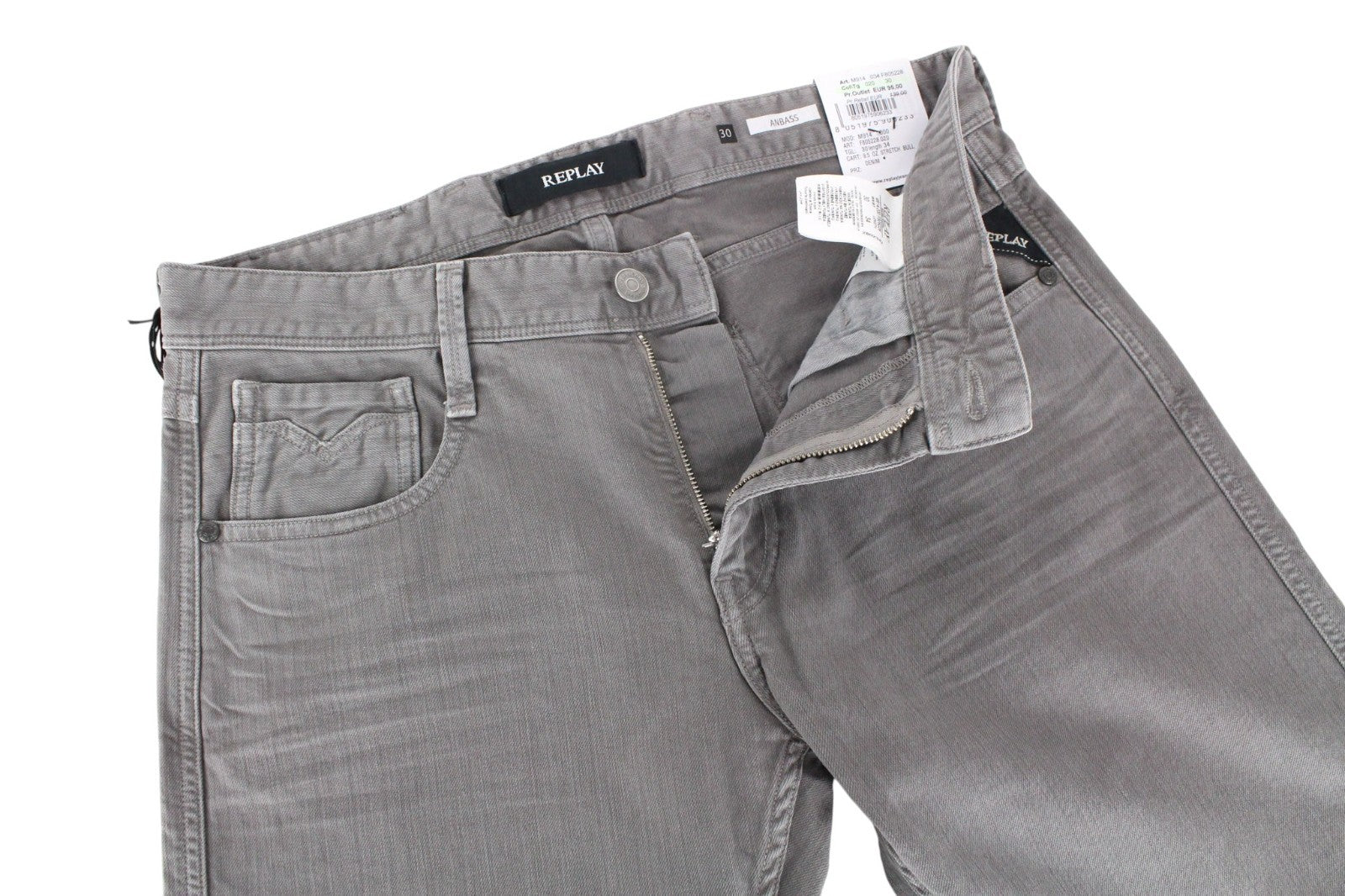 REPLAY Anbass Men Jeans W30/L34 Grey Slim Cotton Stretch 5-Pockets Denim