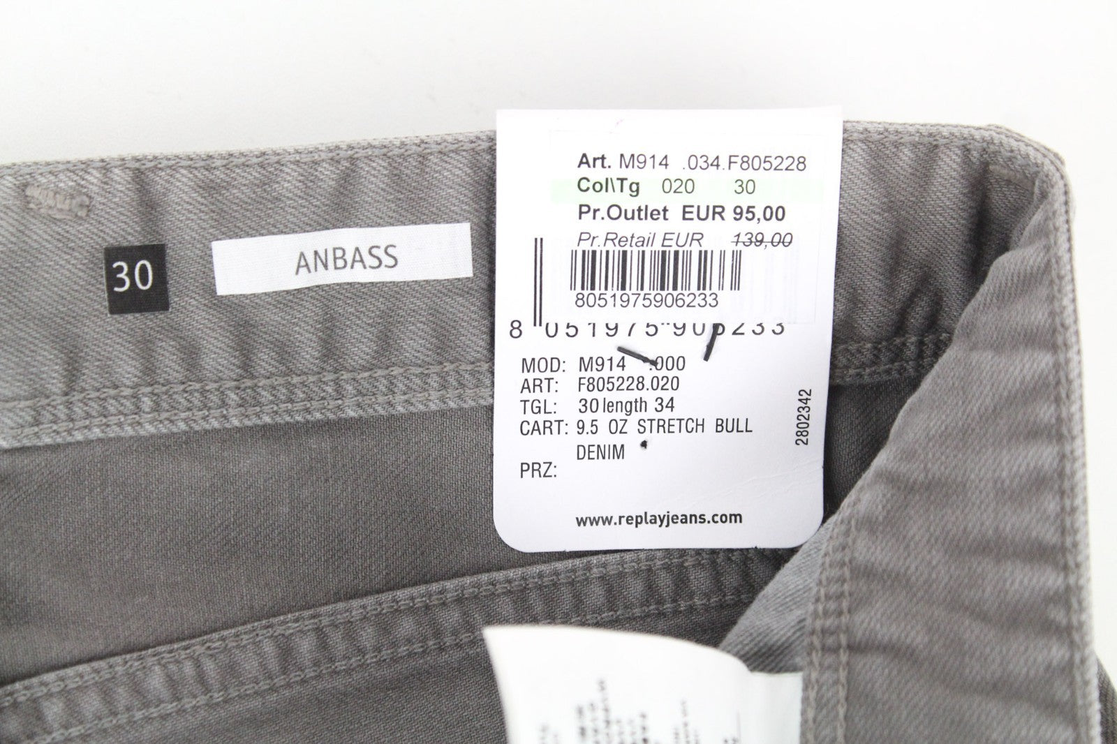 REPLAY Anbass Men Jeans W30/L34 Grey Slim Cotton Stretch 5-Pockets Denim