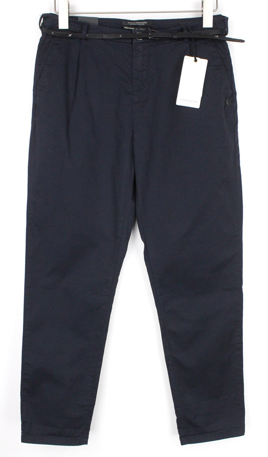 MAISON SCOTCH Women Trousers W31/L32 Cropped Navy Pleated Chino Cotton Stretch