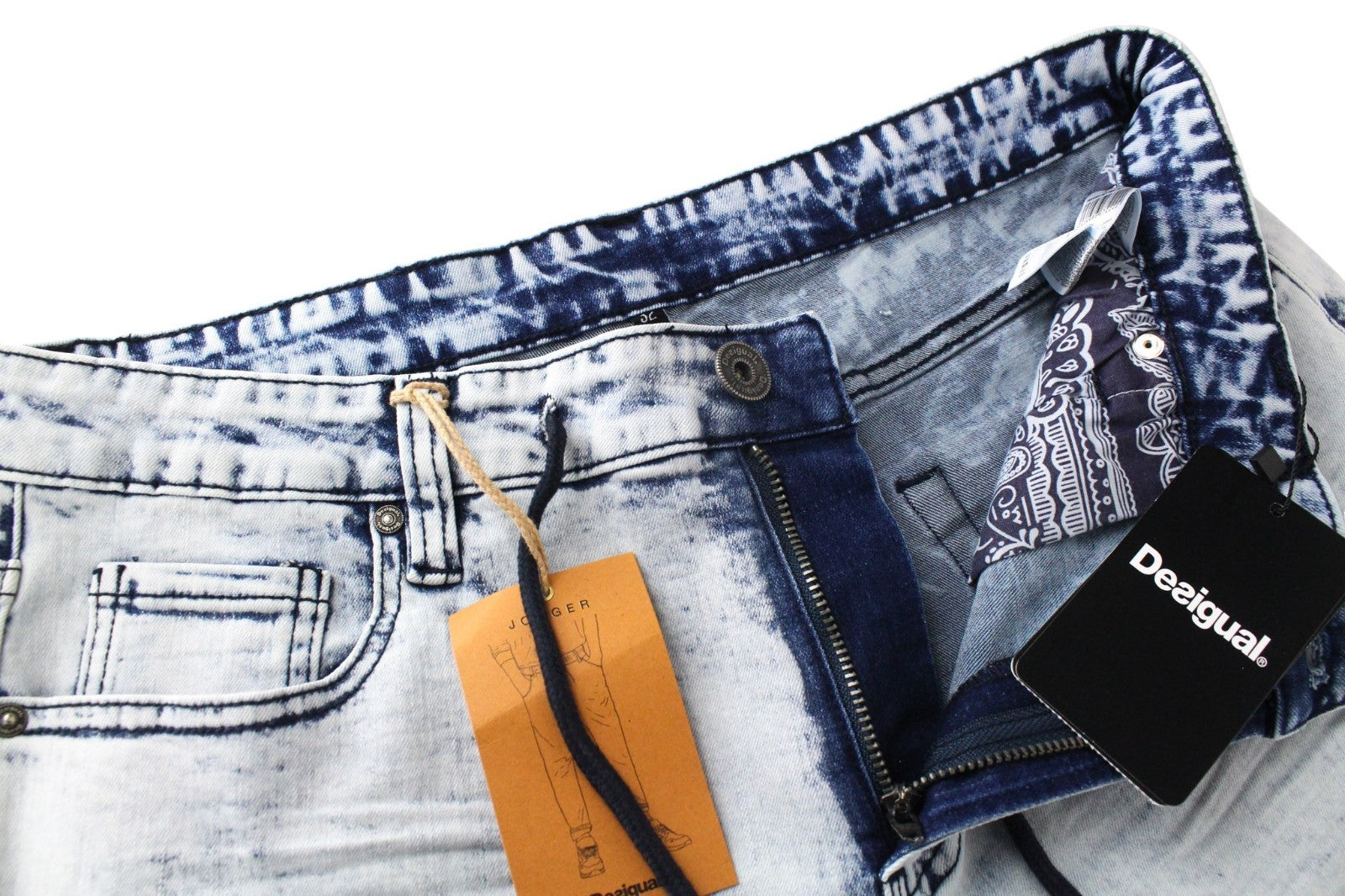 DESIGUAL Ares Men Jeans W32 Jogger Cotton Blend Stretch Wash Blue Drawstrings